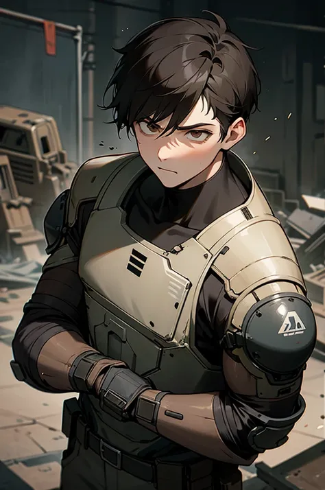 1 boy, post-apocalyptic suit, brown eyes, short hair, black hair, serious look, abandoned city background, ash particles as decoration.