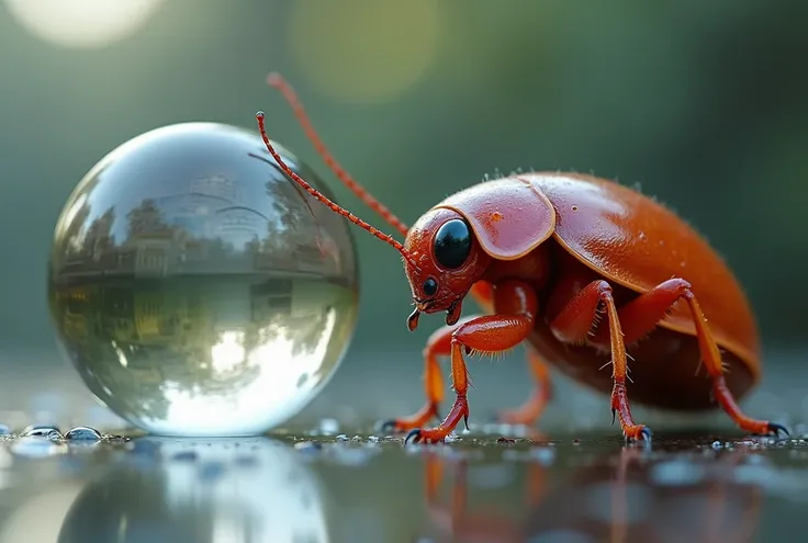 A fat red cockroach peers into its reflection in a drop of water