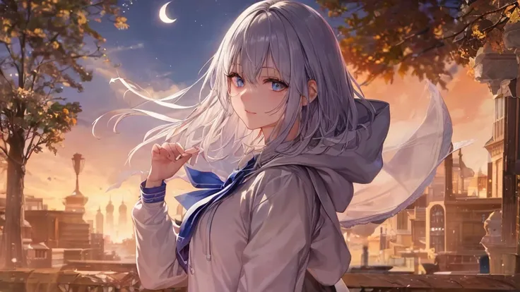  white hoodie 、 black shirt 、Ultra HD, Watch viewers with a beautiful sunset in the background , and, 20 years old, 非常に short hair,  long bangs between eyes, Pale blue eyes,  very detailed,(masterpiece、 top quality),Gray Hair、Laughter、 amazing,  Silver Hai...