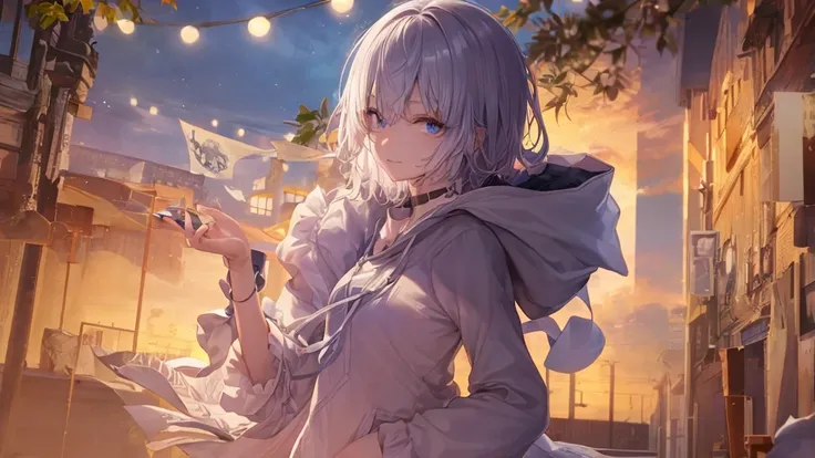  white hoodie 、 black shirt 、Ultra HD, Watch viewers with a beautiful sunset in the background , and, 20 years old, 非常に short hair,  long bangs between eyes, Pale blue eyes,  very detailed,(masterpiece、 top quality),Gray Hair、Laughter、 amazing,  Silver Hai...