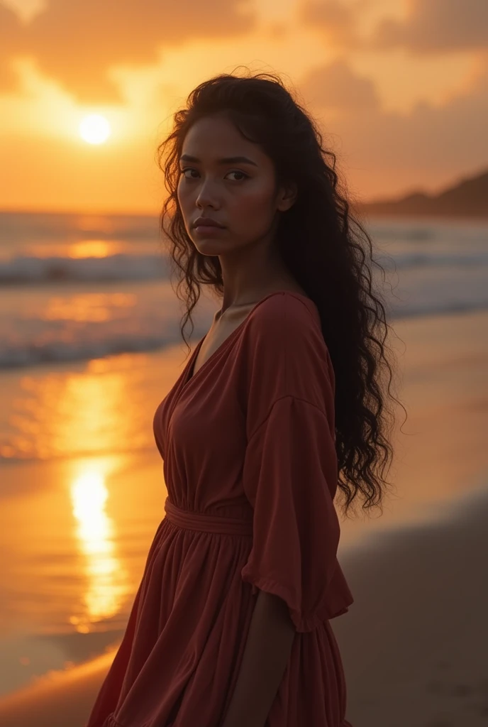  A beautiful Malay woman sad , in polite braces ,  mayang curls walking by the beach. Sunset time view by the beach . 3d human real image  