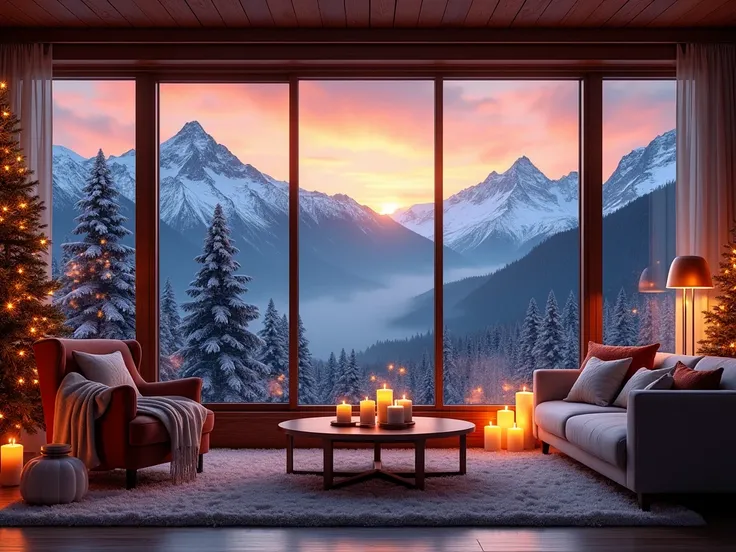 living room with windows overlooking the mountains in Christmas seasons with falling snow and Christmas decorations with neon lights sunset at night