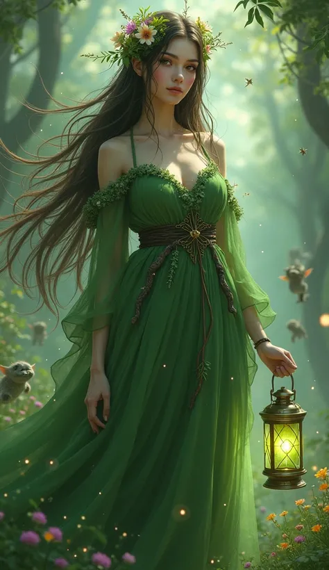  Long hair intertwined with vines and flowers ，Wearing a green robe ， Bark-like texture 。 Holding a green magic lantern in her hand ， There are fireflies and elf-like little creatures floating around。