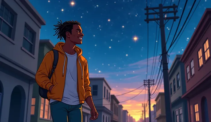 "Create an illustration of Isaías at 22 years old, smiling as he walks through the streets of his neighborhood, with samba music playing in the background. In the night sky, bright stars symbolize his fascination with astronomy. Isaías is a young Black man...