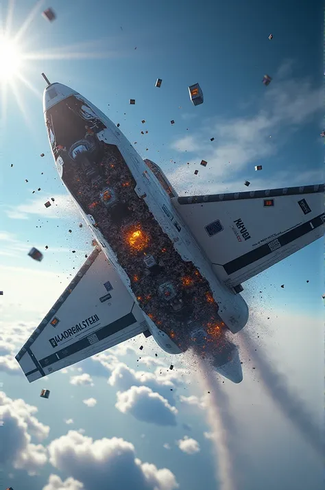 "An ultra-realistic depiction of a NASA 
spacecraft breaking apart in mid-air, set against a clear blue sky with scattered clouds. The spacecrafts metallic structure is visibly fractured, with pieces of the hull flying outward, revealing intricate inner me...