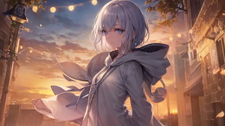  white hoodie 、 black shirt 、Ultra HD, Watch viewers with a beautiful sunset in the background , and, 20 years old, 非常に short hair,  long bangs between eyes, Pale blue eyes,  very detailed,(masterpiece、 top quality),Gray Hair、Laughter、 amazing,  Silver Hai...