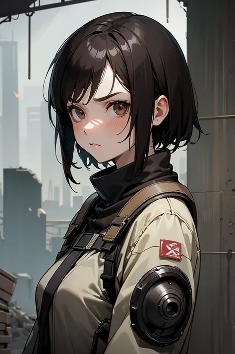 1 girl, post-apocalyptic clothing, brown eyes, short hair, black hair, serious look, abandoned city background, ash particles as decoration.