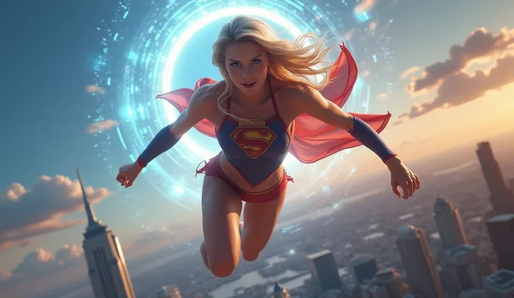 Supergirl in swimsuit-style attire and the neckline of the "v"  costume flying towards a dimensional portal in the Metropolis sky.