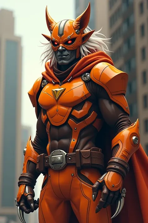 ((best quality)), ((masterpiece)), (detailed), 1 man, full body, 27 years old, senior citizen, masked, eye mask, orange mask that covers half of his face, spiked mask, evil smile, metallic goblin ears, cat eyes, glasses, somewhat long white hair coming out...