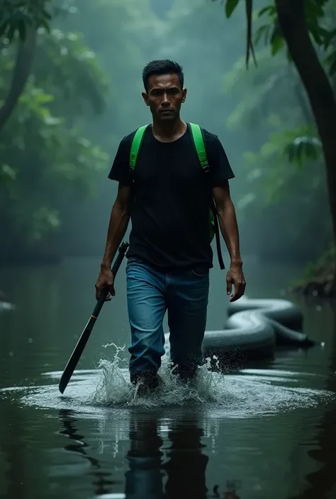 Indonesian man, 40 years old, black casual t-shirt,Blue jeans,Highlighter green colored backpack,Carrying a machete,Soak while walking in waist-high water,Alert pose looking around,There was a very large giant anaconda snake lurking behind him,Background o...