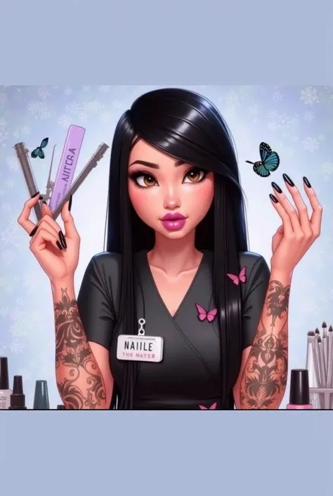 Nail Designer black hair in cartoon holding nail polish in hand