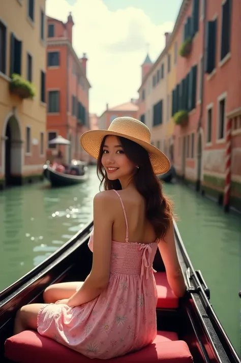  Ultra-realistic image (8k)  The photo shows a woman with her back in a gondola ,  in a canal setting reminiscent of Venice , with historic buildings in the background .  She wears a short floral pink dress ,  straw hat and smiles at the camera while light...