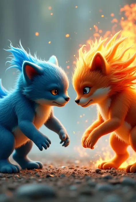 A blue cat, small, cub, In the skin of a dolphin fighting a fire dog, small, cub, Flaming hair ,  they face each other fiercely,  threatening looks ,  serious combat , Seriously 