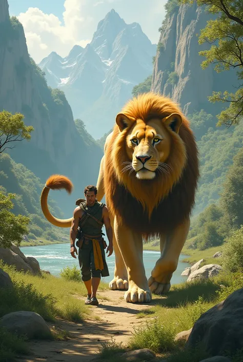 A man walks with a giant lion tail se walking together walking side by side