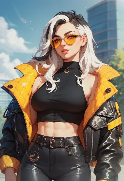 A black girl with long hair and white highlights wearing a leather jacket and stylish glasses with yellow lenses