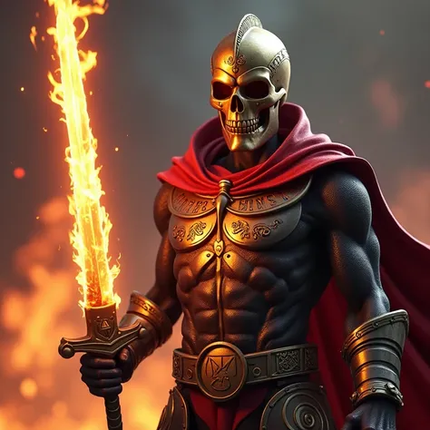 1985 action movie style, and a skeleton with a sword in his hand and flames coming out of him, concept art inspired by Dan Mumford, trends on artstation, fortnite survey skins art,   I am a 1980 action movie , Age 29 male   ,    a golden mask   ,  called o...