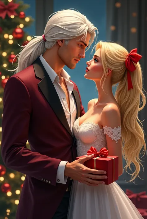 festive atmosphere, New year, Christmas, cozy apartment, tall handsome handsome manly man with long beautiful straight white hair below the shoulders, long bangs, tanned skin, blue eyes, he wears a suit, he gives a New Years gift to an incredibly beautiful...