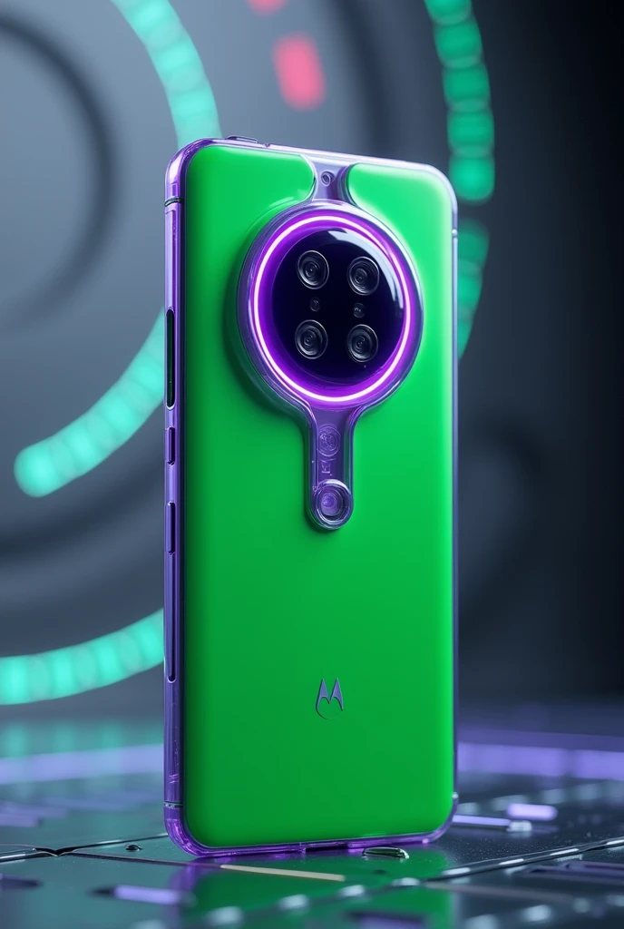 The moto g 85 5g in green with a transparent purple lining 