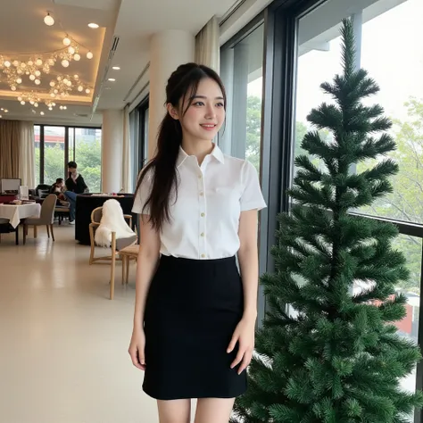 full-body Candid photo, a woman stands in the middle of the frame. Thai model posing as a light-skinned schoolgirl with a good figure, smiling and looking at the camera. She is wearing a fitted black pencil skirt and belt, wearing a white shirt short sleev...