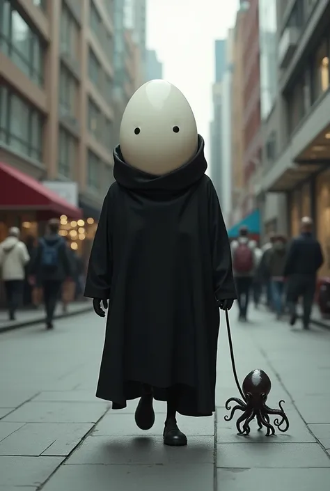 Create an image of a black toga egg walking around with a small squid on a leash they are strolling on the street 