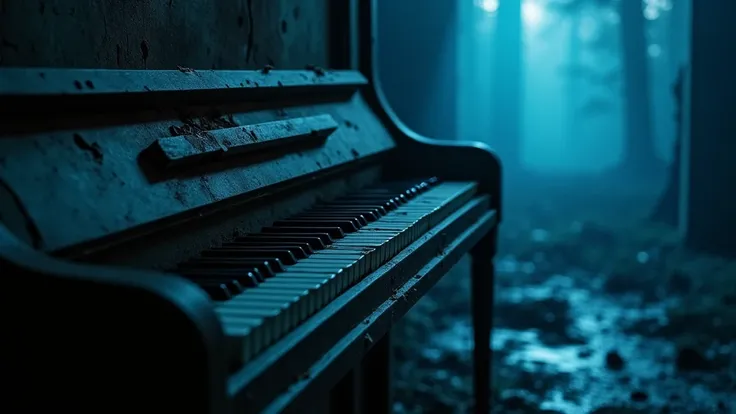 Close up photo of an abandoned worn out piano, broken, in an abandoned apocalyptic space, ruins, echo, spooky, gripping, fog, mysterious, night, ray tracing, dark cinematic blue lighting, depth of field, close shot, 8k, 4K, high resolution, top quality, aw...