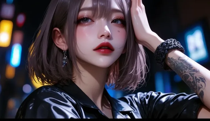  In professional realistic photography style, a young woman wearing a black shirt has a short, neutral style of hair, black tattoos, kpop idol makeup, and looks to the side while touching her head with one hand in a profile,  Womens black woven leather bra...