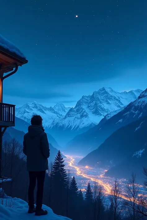 This image portrays a serene and visually striking nighttime scene. A person stands on a balcony, gazing out at a breathtaking view of snow-capped mountains under a star-filled sky. The mountains, bathed in a soft blue glow, contrast beautifully with the i...