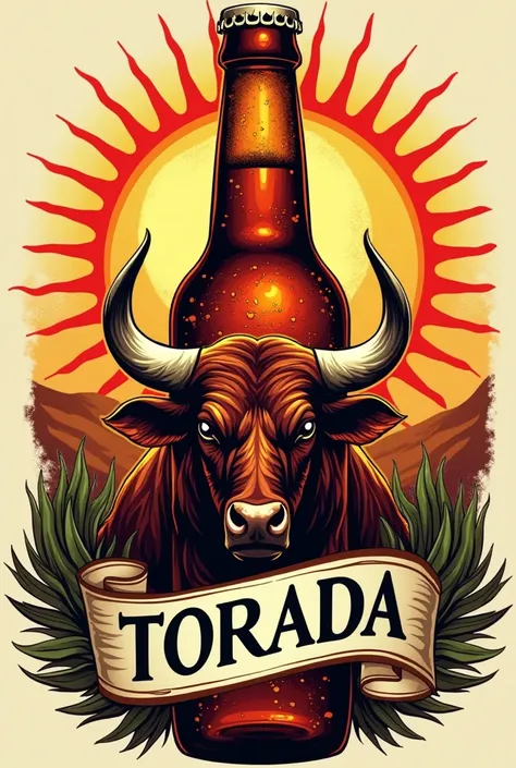 Create a beer bottle with the name of "TORADA "  One include a horned Macron bull pointed upwards in front of a sun on the scroll
