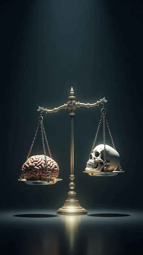 "Dark background with a glowing scale holding a brain on one side and a skull on the other, dramatic and thought-provoking style."