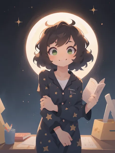 1girl, black curly short hair, smile, green eyes, wink, space, black Space Pajamas, have a Pencil and book tug around her left arm,