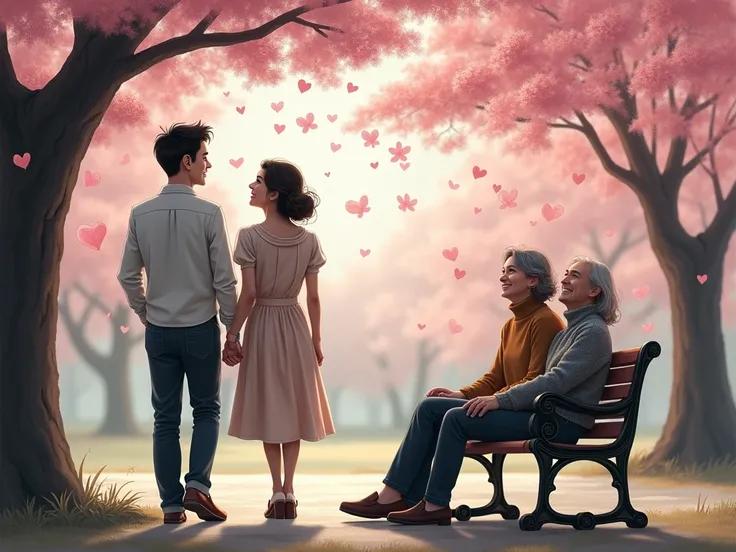 A split-image artwork capturing the theme of first love memories. On one side, the past is depicted in black and white, showing a young couple holding hands in a serene park with falling cherry blossoms, dressed in vintage clothing. On the other side, the ...