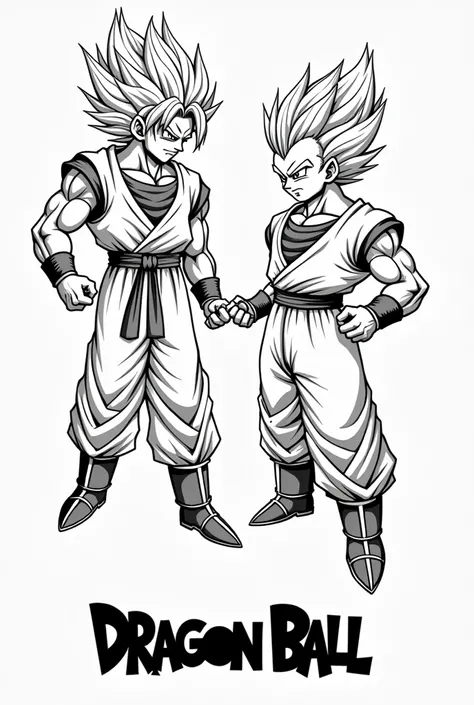 Create a black-and-white illustration featuring Goku and Vegeta in dynamic poses, showcasing their intense rivalry and powerful energy. The artwork should emphasize strong contrasts and detailed linework, capturing their iconic hairstyles, expressions, and...