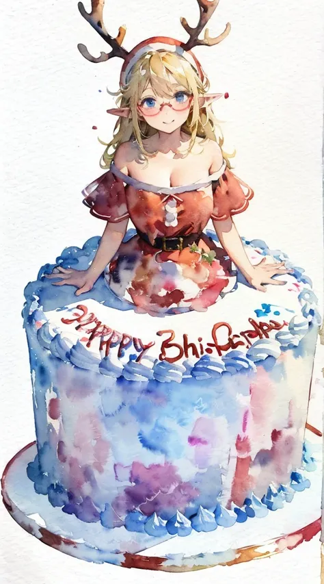 multiple girls, ((watercolor:1.4)), ((simple:1.3)), sketch, loli, santa hat, santa dress, blue eyes, blonde hair, elf, round glasses, christmas cake, ((big cake:1.5)), blush:1.5, fantasy, full body, making a cake, christmas background, off shoulder, reinde...