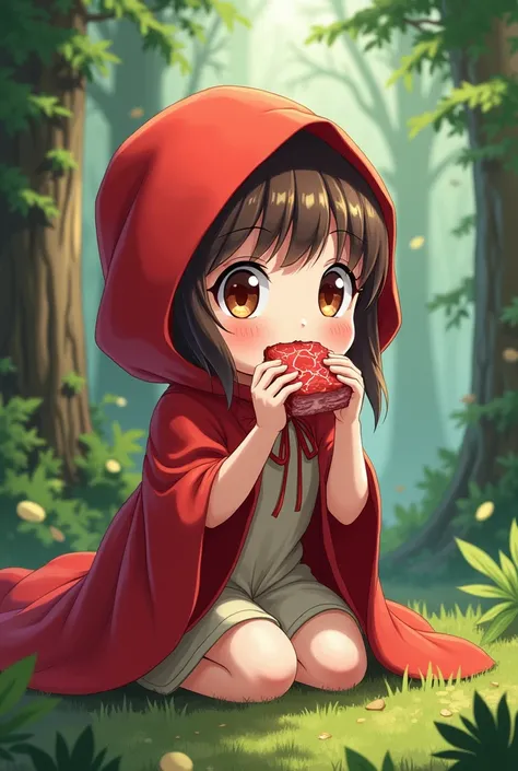 LITTLE RED RIDING HOOD EATING A PIECE OF MEAT ANIME-STYLE