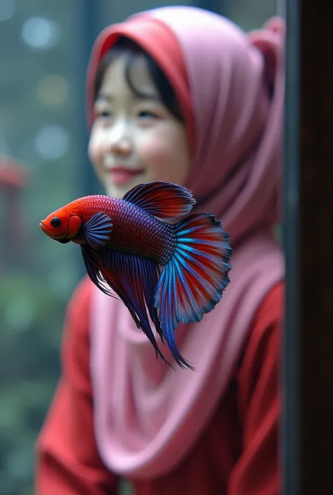 featuring 2 very beautifully colored betta fish 
Very large dark purple white seen jumping has very long and beautiful fins, seen a beautiful Korean ,wearing a pink  hijab 22 years old, smiling sweetly, a fish brooch, wearing a red hoondle , a fasci hat, 