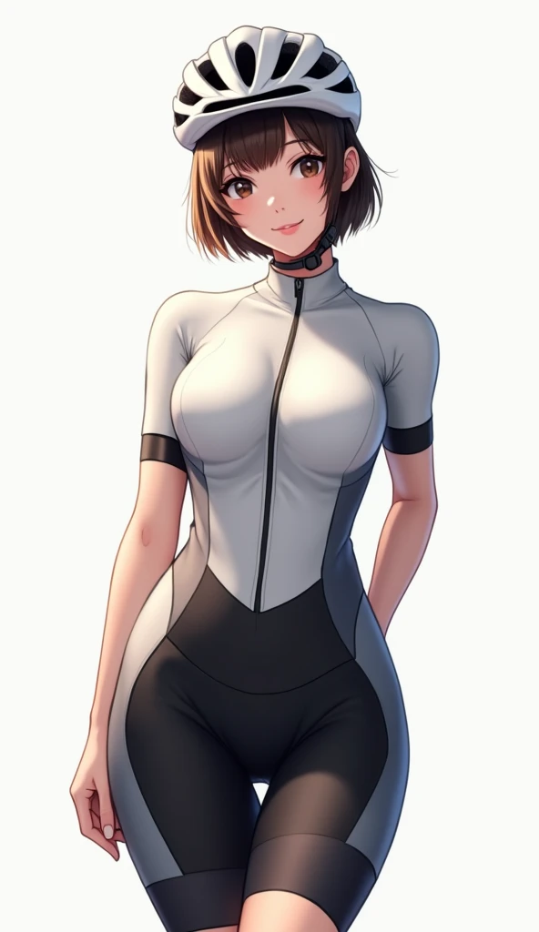 （Reality：16.9），（4k high resolution， high resolution details ，Real shot）on a pure white background，An Asian girl with short hair in a bike racing suit 、 and a white bicycle helmet ， with a sexy and prominent figure，Sexy breasts，Hips， looks straight into the...