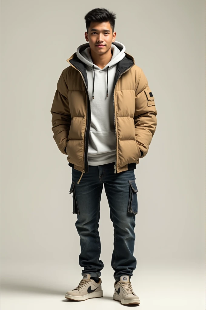 Young man, filipino,  beige padded shirt jacket with black hoodie, white crew neck t-shirt, beige pants, white shoes