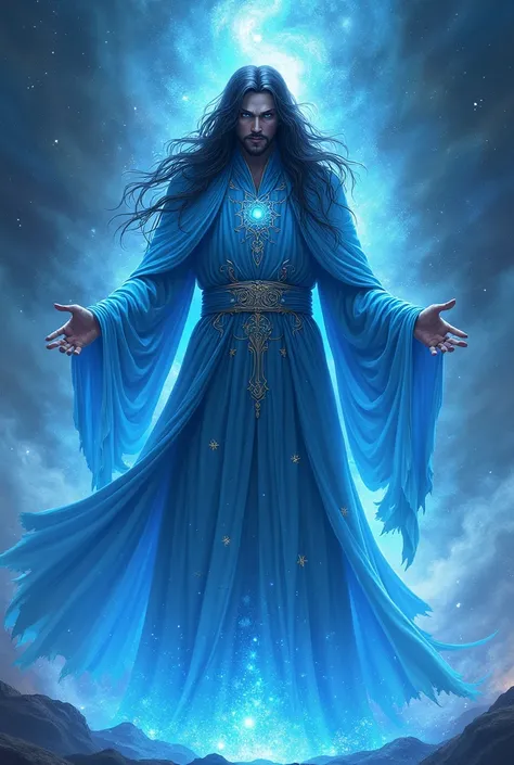 Man who is an all-blue wizard with long black hair wears light blue clothes, celestial 