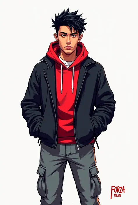  best quality , in pop art cartoon style ,Handsome Sundanese man ,  short curls , black color ,use sweter Hoodie merah,use jaket hitam,use celana kargo abu-abu,use, standing in cool style ,stare intently, against a dull white background  ,With writing : "F...