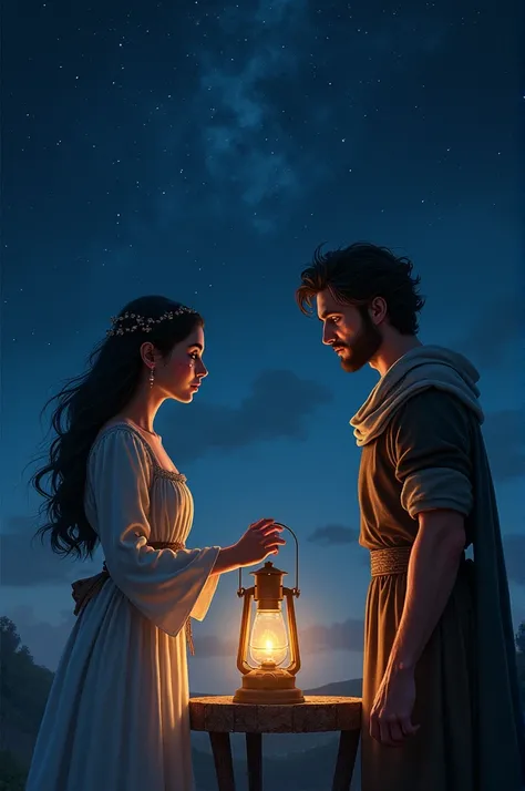 The blacksmith’s daughter tearfully saying goodbye to the prince under a starry sky, with a small lantern glowing softly between them.