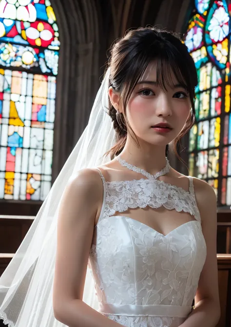 ( best quality, 4K, 8k,  high detail,  high contrast,  high definition , masterpiece:1.2),  very detailed, bride,  wedding dress ,  beautiful fine details,  Beautiful Lip Details ,  very detailedな目と顔, Long eyelashes,  Calm Expression ,  frontal upshot :1.2...