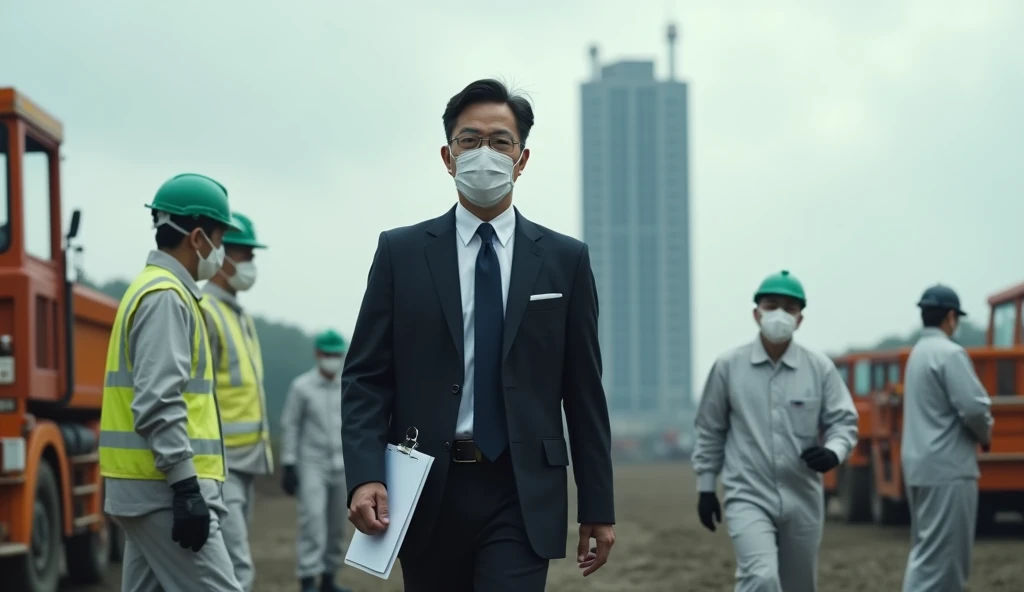 A government official, in a suit and wearing a protective mask, inspecting the exclusion zone. The background features the New Safe Confinement in the distance, with other officials and scientists discussing the cleanup efforts.