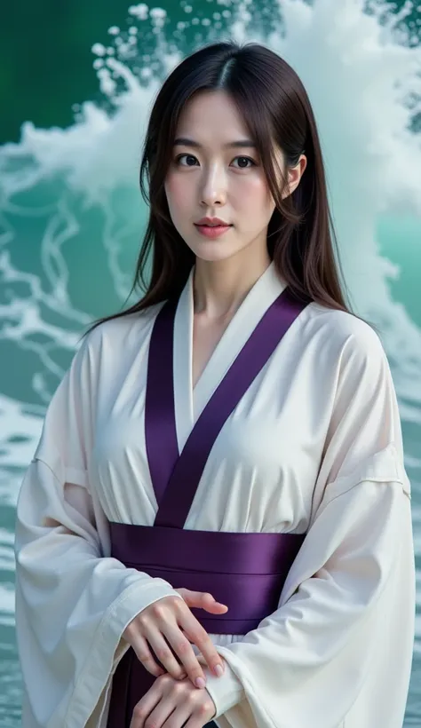 A portrait of a Asian woman in aimono with a dark purple sash, wearing a flowing, sleek dress that reaches the entire frame around her torso and neck. The womans hair is set vertically, cascading over her shoulders and cascading in a diagonal manner. The d...