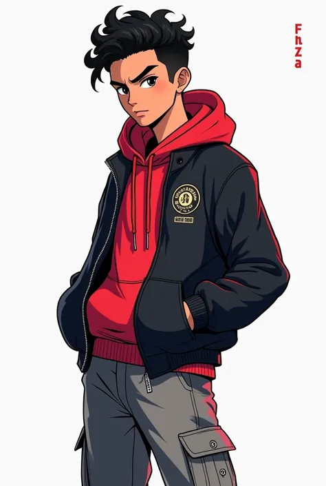  best quality , in pop art cartoon style ,Handsome Sundanese man ,  short curls , black color ,use sweter Hoodie merah,use jaket hitam,use celana kargo abu-abu,use, standing in cool style ,stare intently, against a dull white background  ,With writing : "F...