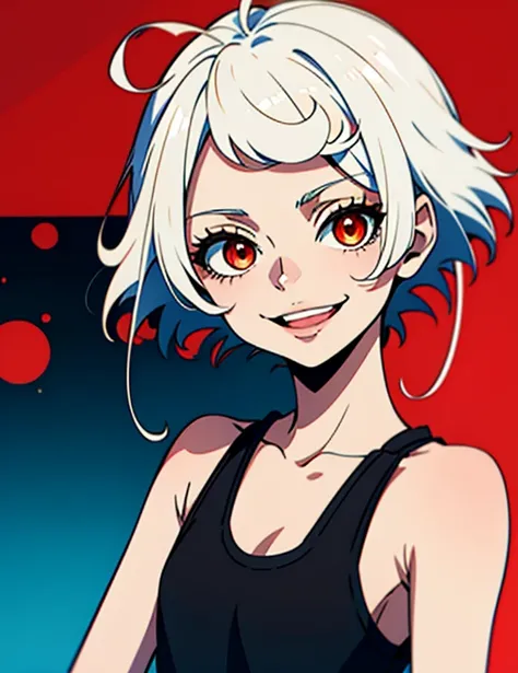 Best quality, really:1.37,  very detailed image ,  anime girl in summer , white hair, short hair, Girl hair ,  red eyes , detailed eyes, Beautiful,  smiles , He laughs, bright  smiles ,  took ,  black tank top, big chest