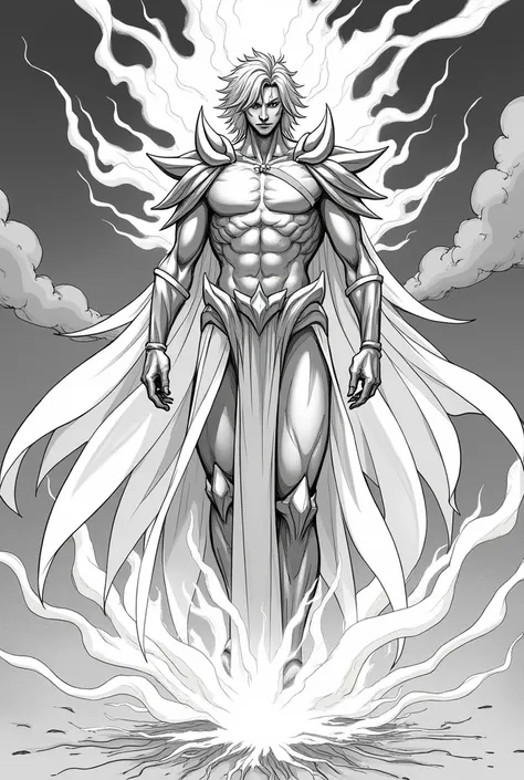  Create a sketch of a powerful character a being of light " luxtheon  " The first in manga style , Remembering that he is the hero