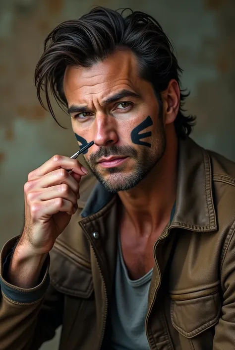 A muscular , Feng Chen, dusty, wearing a leather jacket , brunette is drawing cats beard on his face,  real photo not a drawing