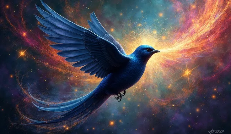 Masterpiece magical atmosphere, abstract art, dreamy image. In the foreground A swallow in mid-flight, its ultra-detailed plumage: 1.5 The black that its body contains is jet, some blueish sheen shines in it: 1.5. Its flight leaves a halo in the air and th...