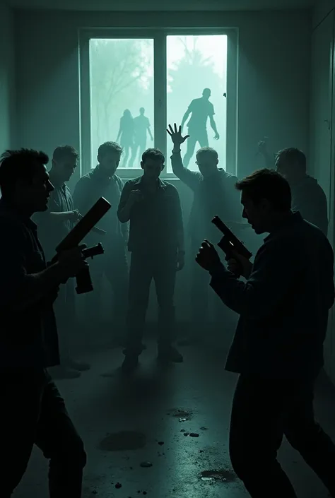  Many people inside a room of a building hiding, they are armed with bats , palos, firearms, tubes,  the scene is with low light ,  the look on their faces is one of fear and anger . In the background, a window where you can see zombies outside the buildin...