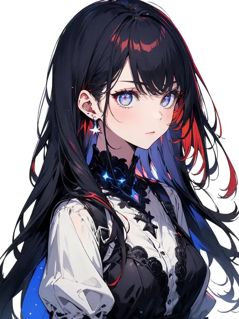  draw a black and white world、 long hair on background，， let the rest of your hair hang down， Black Hair ， semi-long，uncut 、 1 girl，Plain white background，Sparkling blue eyes，Red glowing eyes，Purple glowing eyes， red eyeshadow、 very detailed with crimson h...